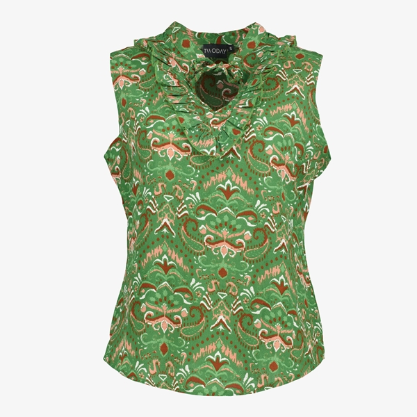 TwoDay mouwloze dames blouse groen met print 1