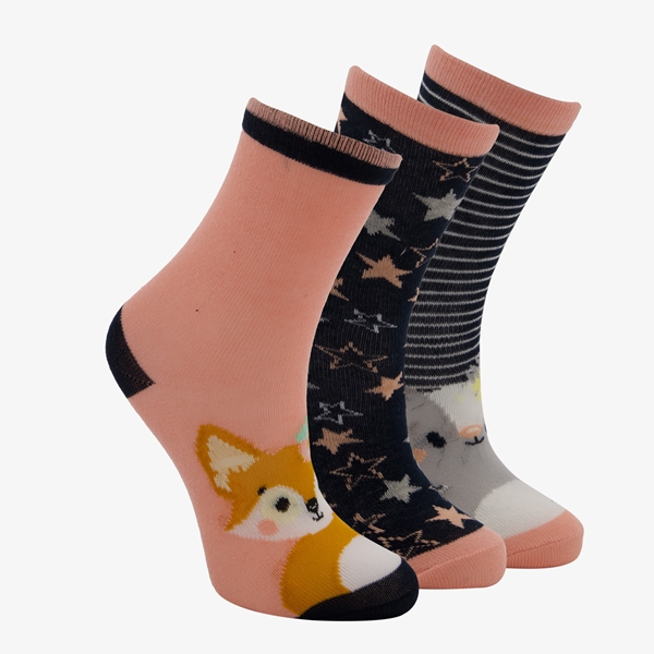 3 paar kinder sokken met print roze/zwart 1