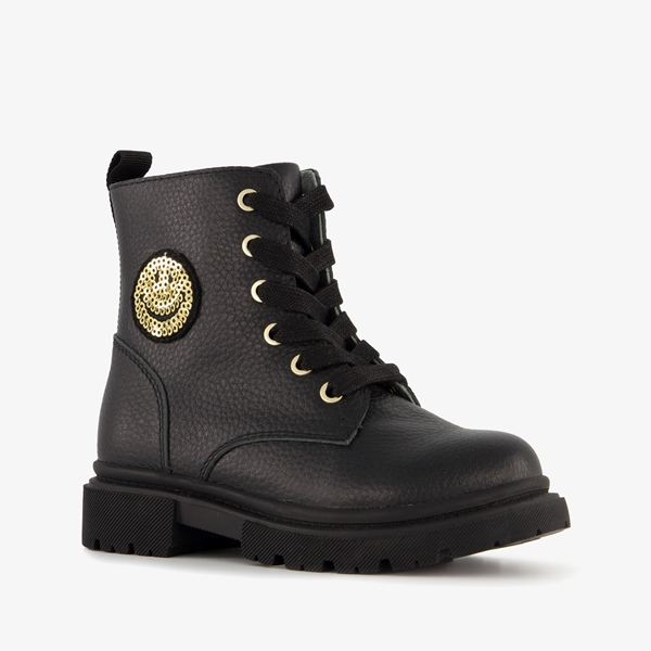 TwoDay leren meisjes veterboots zwart met smiley 1