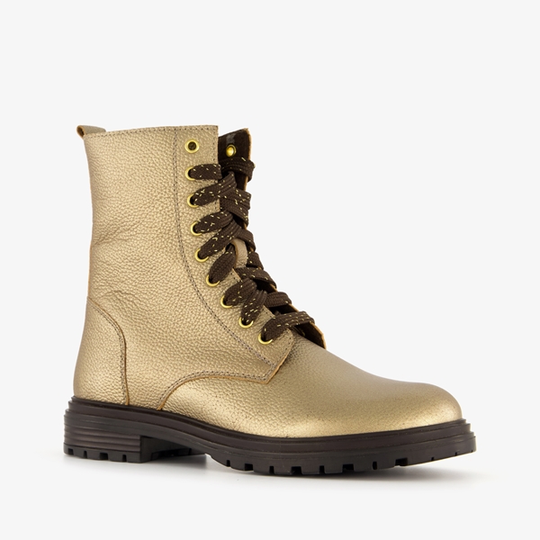 Groot leren meisjes veterboots metallic goud 1