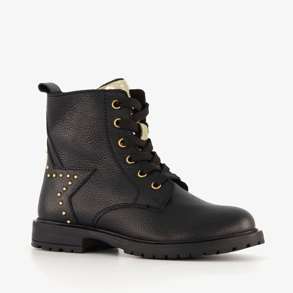 Groot leren meisjes veterboots met studs zwart 1