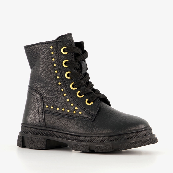 Groot leren meisjes veterboots met studs zwart 1