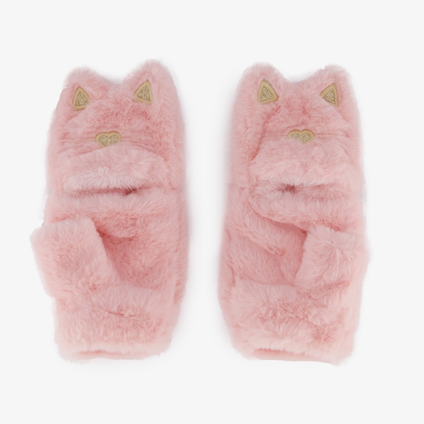 Fluffy roze meisjes handschoenen kat 1