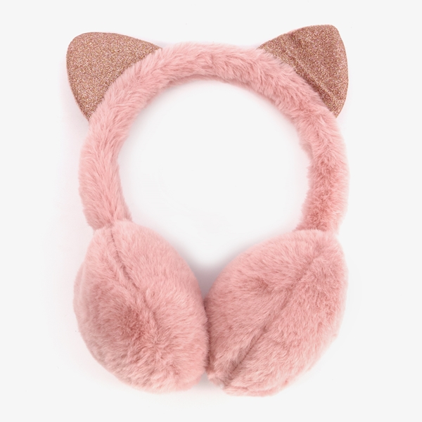 Fluffy meisjes oorwarmer met oortjes roze 1