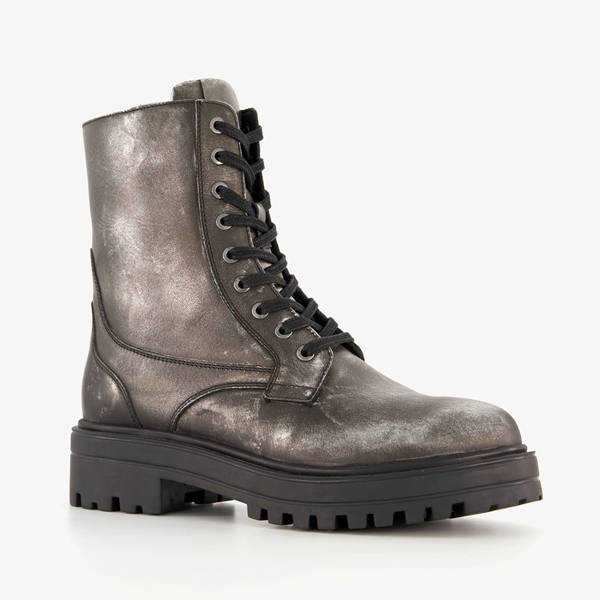 Harper leren dames veterboots metallic zilver 1