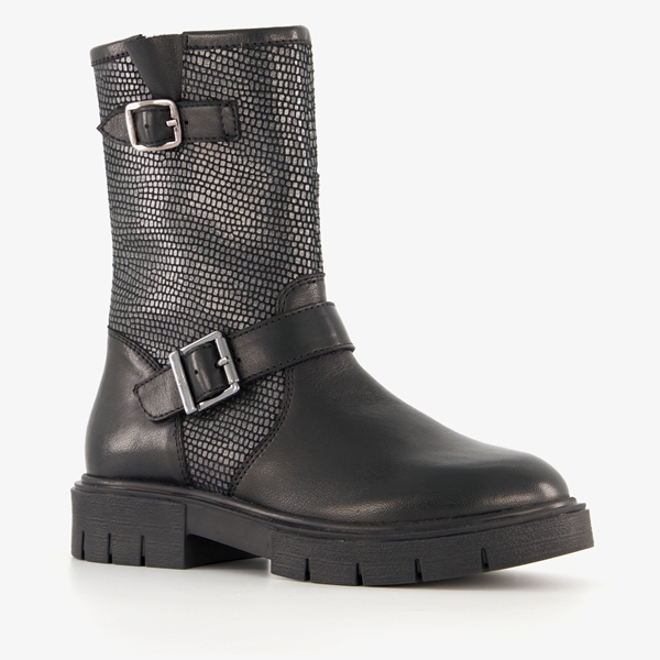 Groot leren meisjes biker boots zwart 1