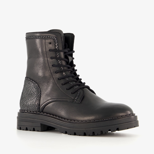 Groot leren meisjes veterboots zwart 1