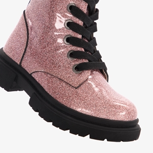 TwoDay leren meisjes veterboots met glitter roze